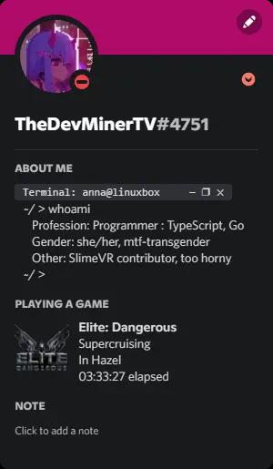 Screenshot of a user's Discord profile when running Elite: Dangerous